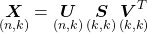 \[\underset{(n,k)}{\boldsymbol{X}} = \underset{(n,k)}{\boldsymbol{U}} \, \underset{(k,k)}{\boldsymbol{S}} \, \underset{(k,k)}{\boldsymbol{V}^T}\]